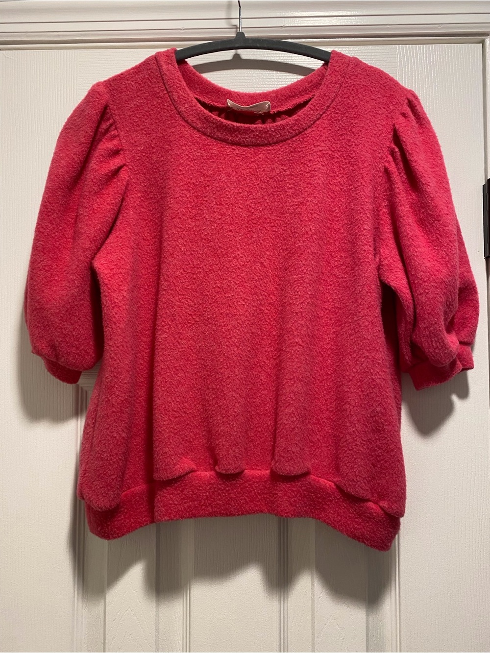 Zenana Puff Sleeve Crewneck Sweater - Bright Pink